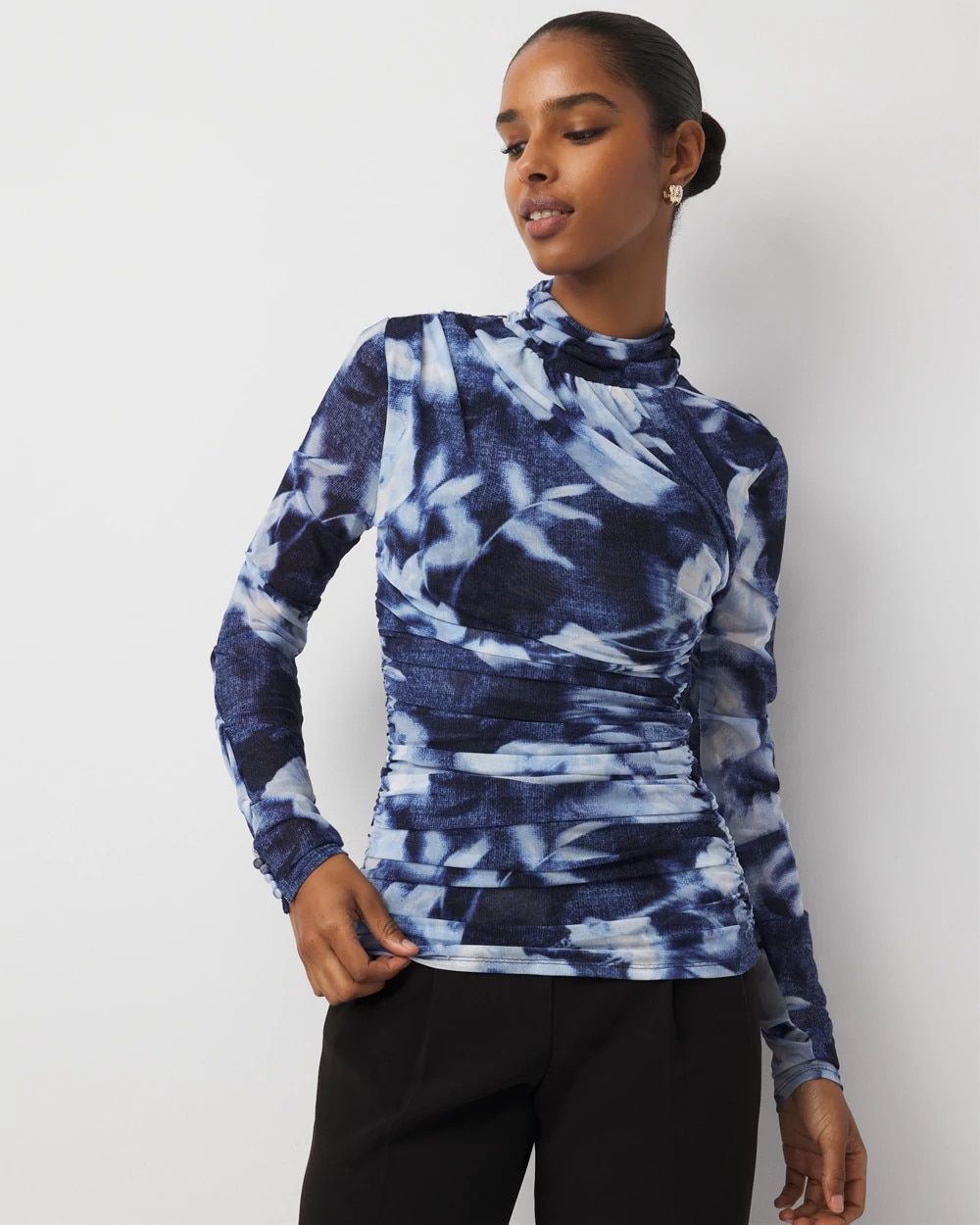 Ruched Long Sleeve Mesh Top | White House Black Market